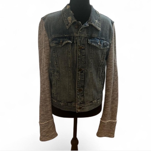 Free People Distressed Denim Jacket with Jersey Sleeves - Picture 5 of 7